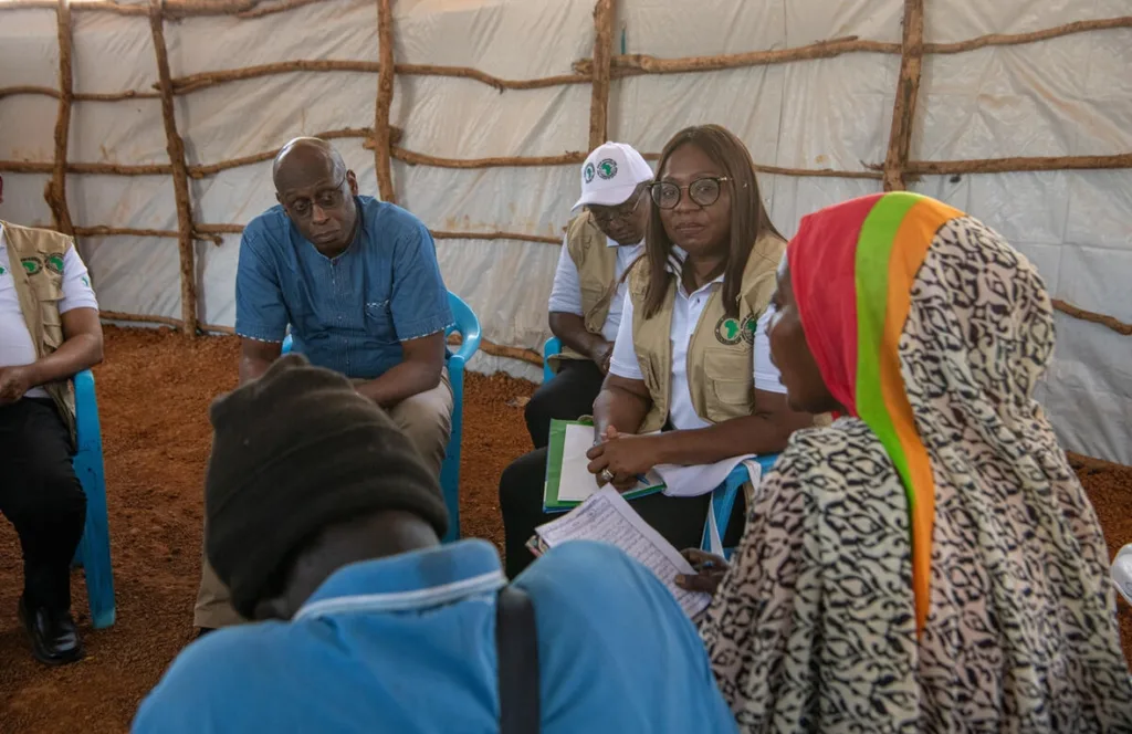 UNHCR's Assistant High Commissioner, Raouf Mazou, and African Development Bank Vice President, Marie-Laure Akin-Olugbade, meet newly arrived Sudanese refugees at the Gendrassa transit centre in Maban county, South Sudan. © UNHCR/Samuel Otieno